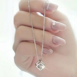 NEW Silver Necklace and Hollow Cube Shaped Pendant with Inlaid Zircon